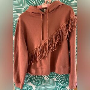 Pilcro Anthropologie Fringe Hooded Sweatshirt 100% cotton Mink Blush Sz M
